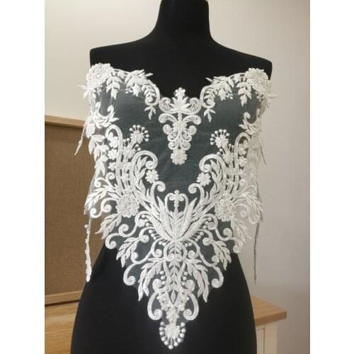 Exquisite 3D Heavily Bead Bodice Lace Applique for Haute Couture , Bridal Gown Illusion Back Applique