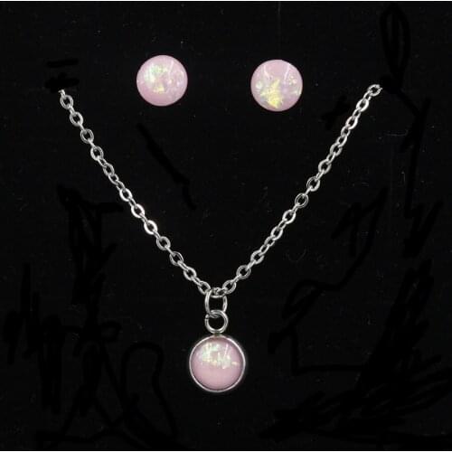 Jaymaxi 8mm Round Opal Jewelry Sets Stainless Steel Woman 45cm Necklace Pendant Stud Earrings New Arrival Gift for Girls