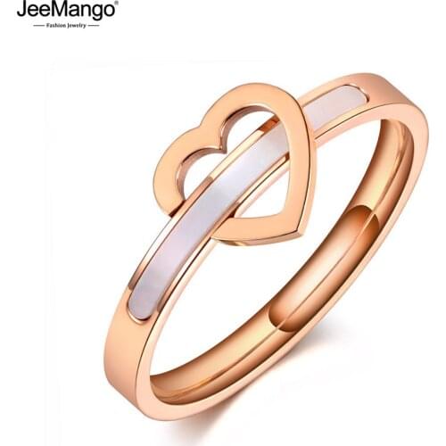 JeeMango Titanium Stainless Steel White Shell Love Heart Rings Jewelry For Women Girls Simple Romantic Engagement Ring JR20006