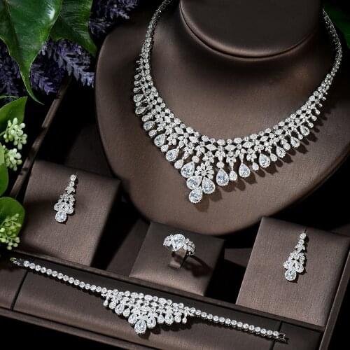 HIBRIDE Exclusive Cubic Zirconia 4pcs Jewelry Set 2020 Shining Copper Tassel Dubai Jewelry Set for Ladies collier mariageN-1223