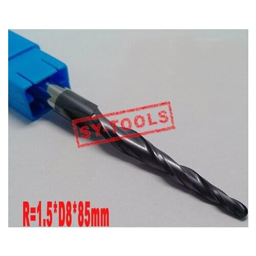 1PCS R1.5*D8*45*85L*2F HRC55 Tungsten solid carbide Coated Tapered Ball Nose End Mills taper and cone endmills