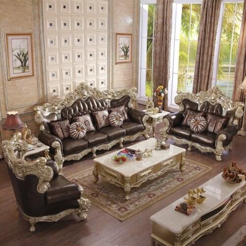 European Style Leather Sofa Villa Oversized Solid Wood Leather Club Living Room Furniture Champagne Color Cowhide 123 Sofa