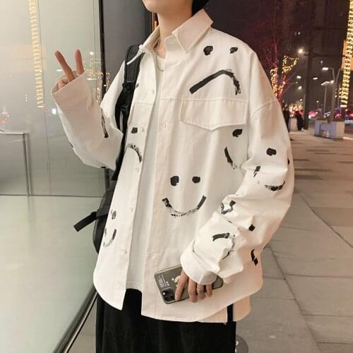 Men Clothing Shirt Ins Dress Long Sleeve Clothes Smiling Face Printing Versatile Inch Student Pocket Coat TheNew Listing Fashion