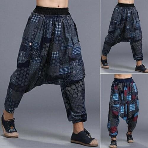 Mens Casual Baggy Cotton+Linen Loose Japanese Samurai Pants Black RED