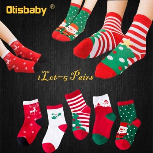 5Pairs Christmas 100% Cotton Baby Boys Girls Winter Socks New Year Striped Keep Warm Floor Anti-skid Childrens Socks 2-12 Years