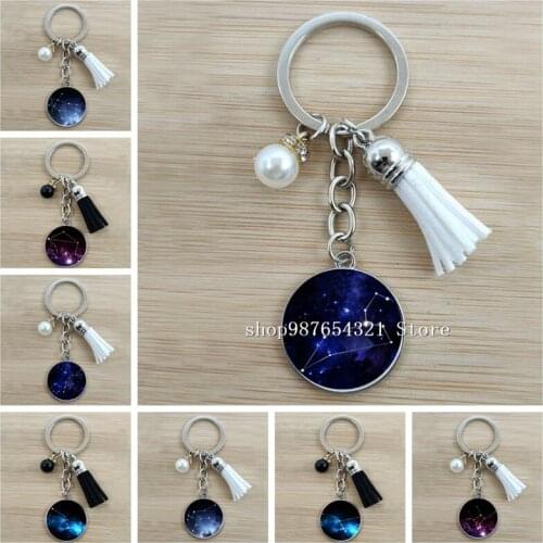 New Constellation Keychain Astrology Pattern Keychain Glass Cabochon Charm Car Bag Keychain