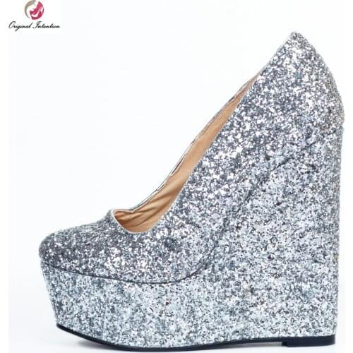 Original Intention Women Pumps Fashion Glitter Platform Round Toe Wedges Pumps High-quality Silver Shoes Woman Plus US Size 4-15