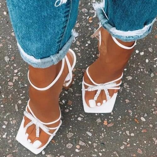 Womens Gladiator Sandal shoes Sexy White Rhinestone high heels Sandals Women Summer Party Slippers Dress shoes Buckles pumps