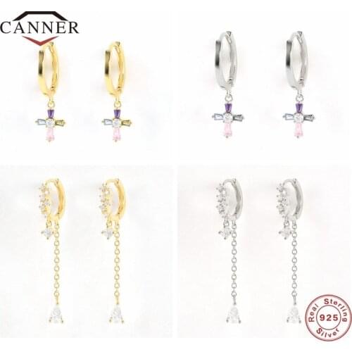 CANNER Luxury 925 Sterling Silver Colorful Zircon Cross Pendant Drop Earrings for Women Circle Huggie Earring Jewelry Pendients
