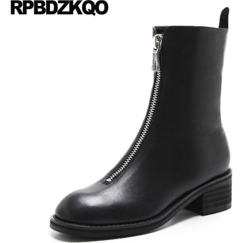 Autumn Chunky Round Toe Black Winter Luxury Zipper Big Size 10 Shoes Ankle Short Genuine Leather 2017 Women Boots Medium Heel