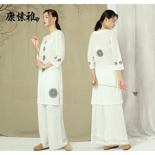Women yoga set linen tai chi martial arts uniforms quickly dry shirt loose wide leg pant jogger casual fitness set sportswear