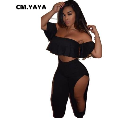 CM.YAYA Women Set Casual Tracksuit Solid Short Sleeve Ruffles Strapless Crop Top Hollow Out Long Pants 2 Piece Set Sexy Outfit