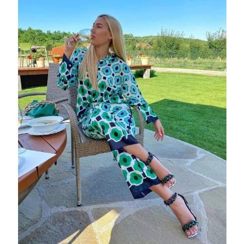 Xikom 2021 Summer Women Vintage Two-Piece Set Bohemia Print Loose Lapel Shirt Elastic High Waist Casual Trousers Pants Set