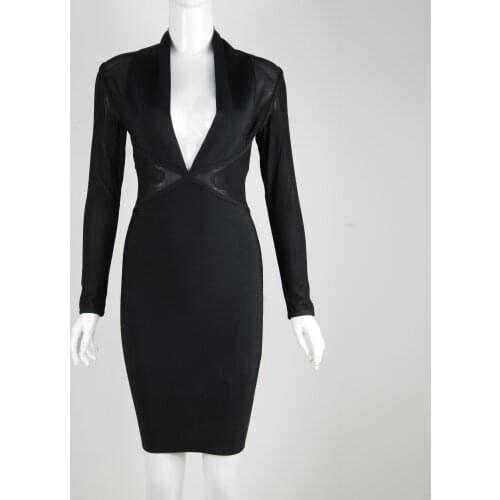 Deep Vneck Midi Sexy Bodycon Dress Women Autumn Winter Long Sleeve Black Solid Celebrity Bandage Dress