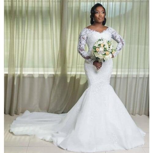 Plus Size Mermaid Wedding Dresses Bridal Gowns With Detachable Train V Neck Long Sleeve Lace Appliqued Robe de mariée
