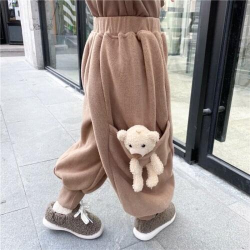 Winter Kids Pants Casual Loose Plus Velvet Baby Girls Boys Warm Pants Thicken Big PP Cartoon Pocket Bear Pants For Toddler Baby