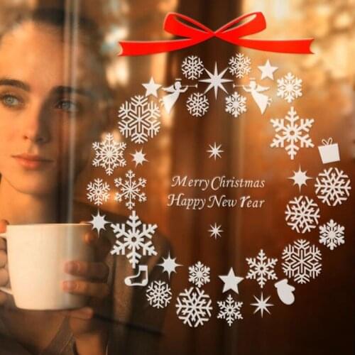 White Snowflake Window Sticker Bells Christmas Tree Bow Happy New Year Festival Window Stickers Landscape Winter