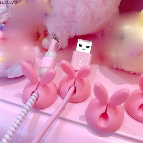 4pcs Pink Bunny Ear Rabbit Desktop Data Cable Holder Creative Action Figure Cute Headphone USB Charger Cord Protection Organizer