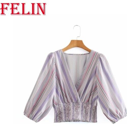 FELIN Women High Quality Short Shirts Za Rainbow Stripes Long Sleeve Mujer Tops 2021 Fashion Chic Elastic V-Neck Blouses