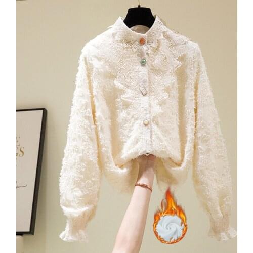 Fleece Thicken Warm Women Shirts Solid Button Lace Turtleneck Long-Sleeved Office Lady Elegant Outwear Tops