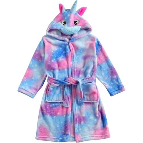Baby Kid Sleepwear Robes Hooded Bathrobe Flannel Tie-dye Pattern 3D Unicorn Animal Adjustable Belt Home Clothing 6-9Years Old