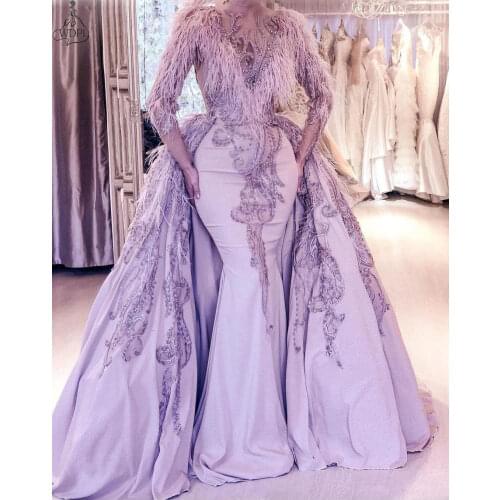 Lavender Mermaid Prom Dress With Detachable Train 2019 Feather Evening Gown Long Sleeve Overskirts Beads Embroidery Formal Dress