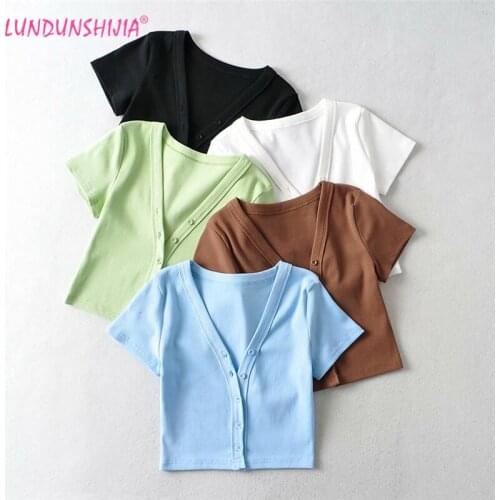 LUNDUNSHIJIA Women Fashion Sexy V-neck Short-Sleeve T-shirts With Single Breasted Big Elastic Ribbed Crop Tops 5 Colors