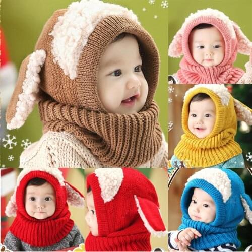 Cute Baby Rabbit Ears Knitted Hat Infant Toddler Winter Warm Hat Beanies Cap with Hooded Scarf Earflap Newborn Kids Kawaii Hat