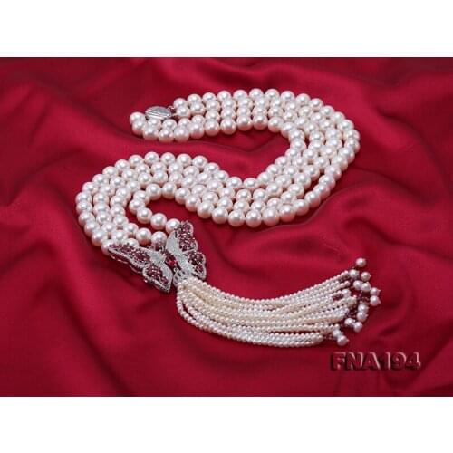 Fashion Elegant Ladies Necklace White Round Natural Freshwater Pearl Long Necklace Red Rhinestone Butterfly Jewelry Loving Gift