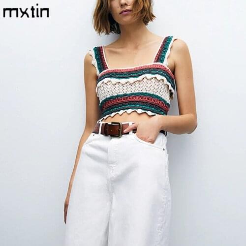 MXTIN 2021 Women Fashion Sweet Ruffle Striped Knit Tank Tops Vintage Backless Thin Straps Female England Style Camis Chic Tops
