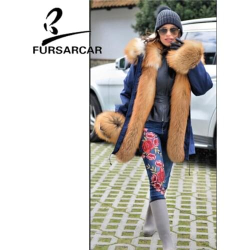 FURSARCAR New Style 2020 Real Fur Coat Parka Women With Big Gold Fox Fur Collar And Cuff Winter Luxury Thick Warm Fur Parka