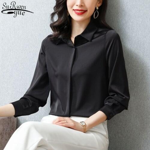 New Spring Turn-down Collar Satin Loose Sihrts Blouses Casual Women Silk Blouse Shirt Solid Office Plus Size Ladies Tops 12793