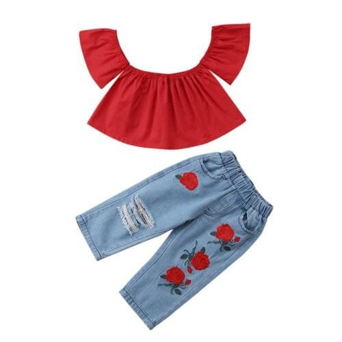 Casual Shirt+Jeans Fashion Kids Baby Girls Cropped Top T-shirt Pants Floral Denim Pants Outfits Clothes