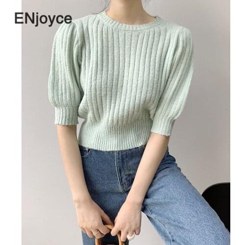 Women Fashion Mint Short Sleeve Knitted Pullovers Thin Sweater French Style Elegant Knit T-Shirt Cropped Tops Spring Fall 2021