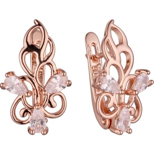 Luxury Korean Flower Shape Women Earrings White Cubic Zircon Rose 585 Gold Color Jewelry New Year Gift