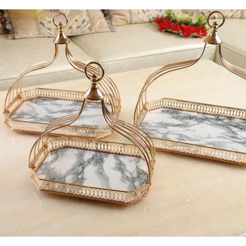 Luxury Home Decorations Ornaments Metal Mirror Storage Tray Crystal Glass Jewelry Serving Trays Food Tray for Kitchen Supplies
