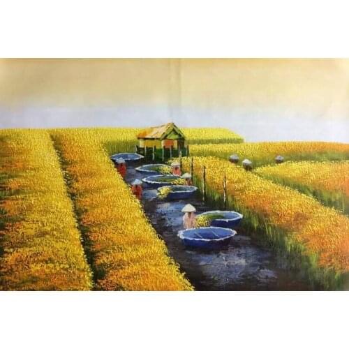 Hand Painted Modern Abstract Vietnam Harvest Scene Beautiful Landscape Oil Painting Canvas Wall Art Picture for Living Room