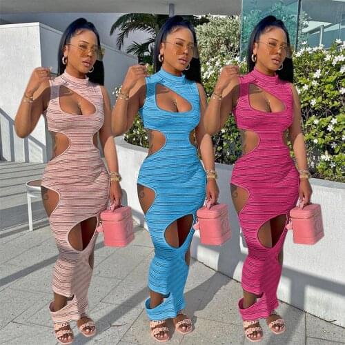Sexy Women Dress Hollow Out Striped Long Dress Sleeveless Party Night Clubwear Summer Dresses For Women Outfit