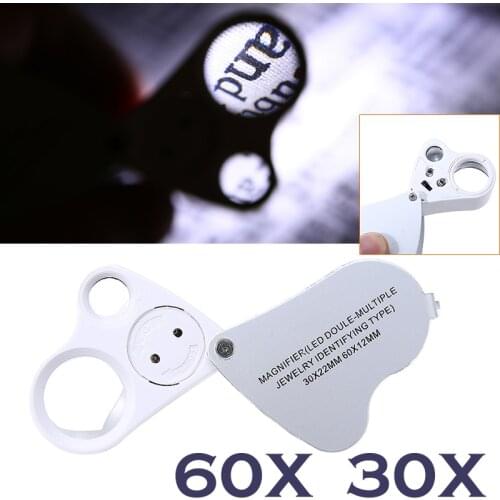 30X 60X Magnifier Folding Jewelry Eye Loupe with LED Light Pocket Magnifying Glass for Newspaper Stamps Coins Watch