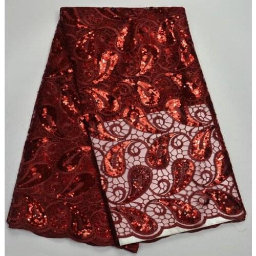 Wine Red African Lace Fabric embroidered Net Lace High Quality African Sequins Lace Fabric 5 yards for wedding dress ESS03