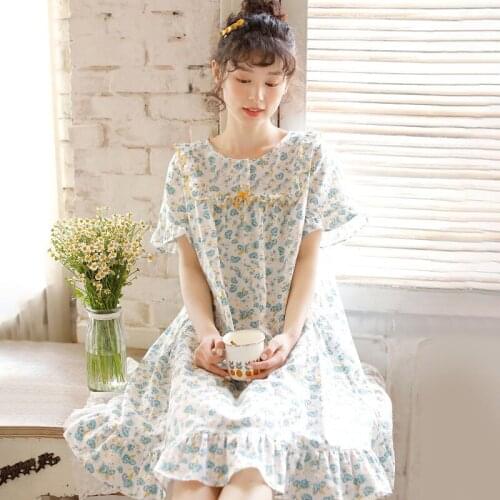 Floral Print Cotton Night Dress Women Summer Short Sleeve Cute Girl Comfy Nightdress Princess Sleepwear Vintage Kawaii Nightgown