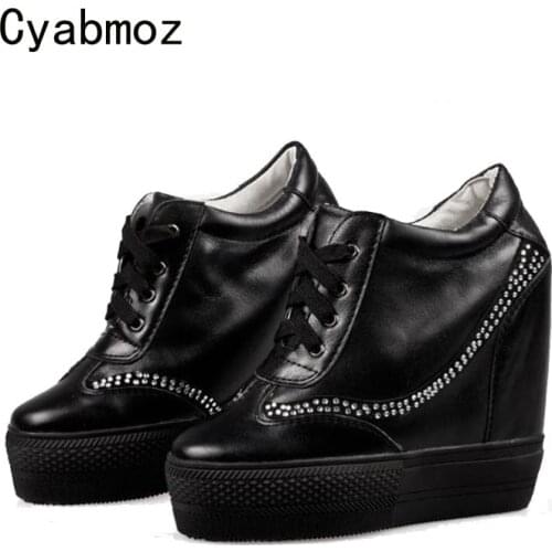 Cyabmoz Women Platform Shoes Genuine leather Wedge Rhinestone High heels Height increasing Party Ladies Shoes Tenis feminino