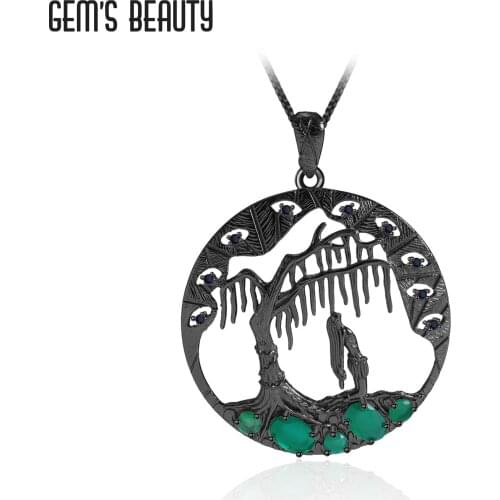GEMS BEAUTY 925 Sterling Silver Necklace For Women Tree Round Natural Oval Cut Green Agate Handmade Pendant Romantic Gift