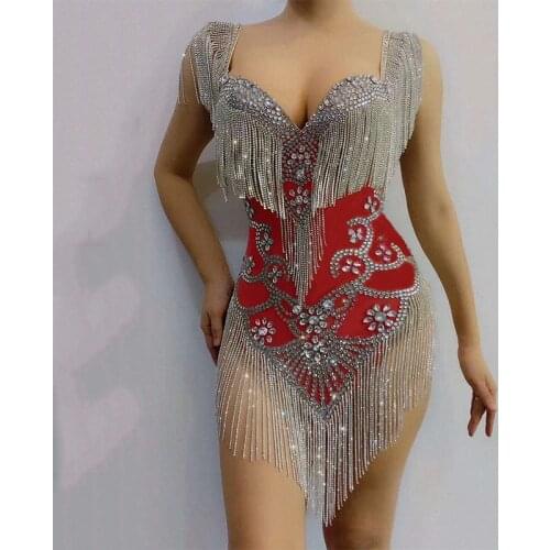 Multi-Color Sexy Flashing Rhinestones Fringe Dress Women Birthday Party Outfit Dance Bodysuit Singer Dancer Rave Wear DT2415