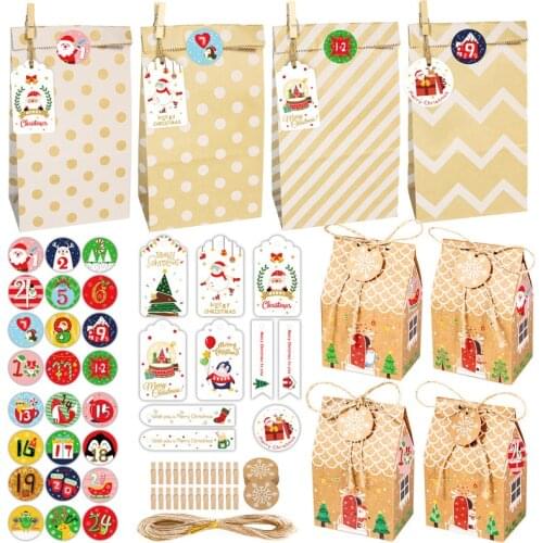 24Sets Retro Kraft Gift Bags Paper Box Cute Snowman Christmas Tree Storage Bag Pakaging Bags DIY Organizer Stationery Supplies