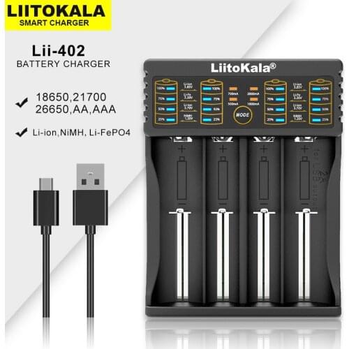 Liitokala Lii-402 18650 3.7V 3.2V LiFePO4 3.85V 26650 20700 14500 21700 25500 1.2V NiMH Lithium Rechargeable Battery Charger