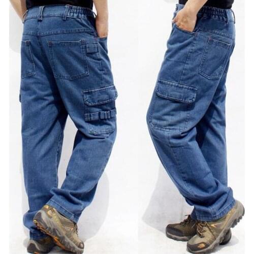 Man Jeans Men Elastic Waist Pants Blue straight Cotton Male Loose Denim Jeans More pocket overalls