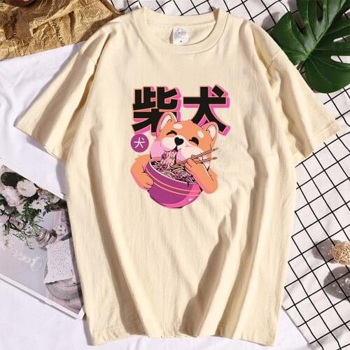 Eating Noodles Cute Shiba Inu T-Shirt Female Hipster Short Sleeved Street High Quality Clothes Brand Clothing O-Neck T Shirts