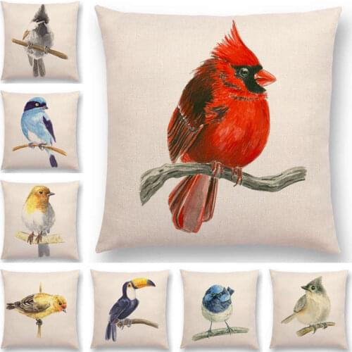 Hot Sale Birds Watercolor Painting Robin Titmouse Toucan Fairy Sparrow Firecrest Cardinal Bullfinch Cushion Cover Pillow Case