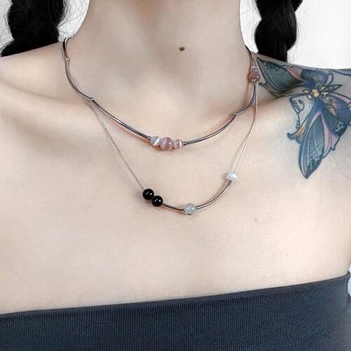 HUANZHI 2021 New Design Minimalist Black Purple Transparent Opal Steel Titanium Beaded Necklace For Women Man Couple Accessories